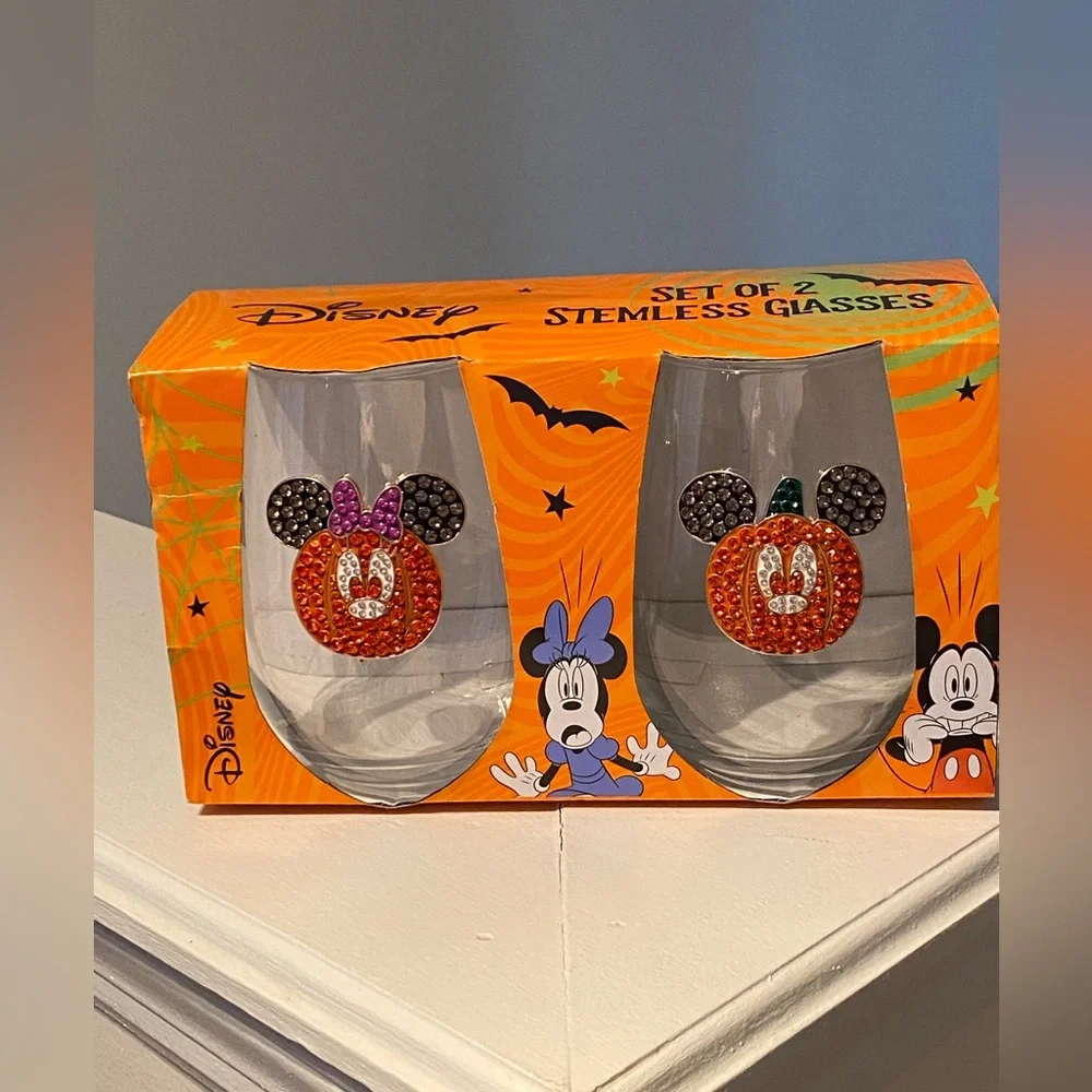 Disney set of 2 stemless glasses sparkly Halloween Themed Mickey and Minnie - Picture 5 of 7